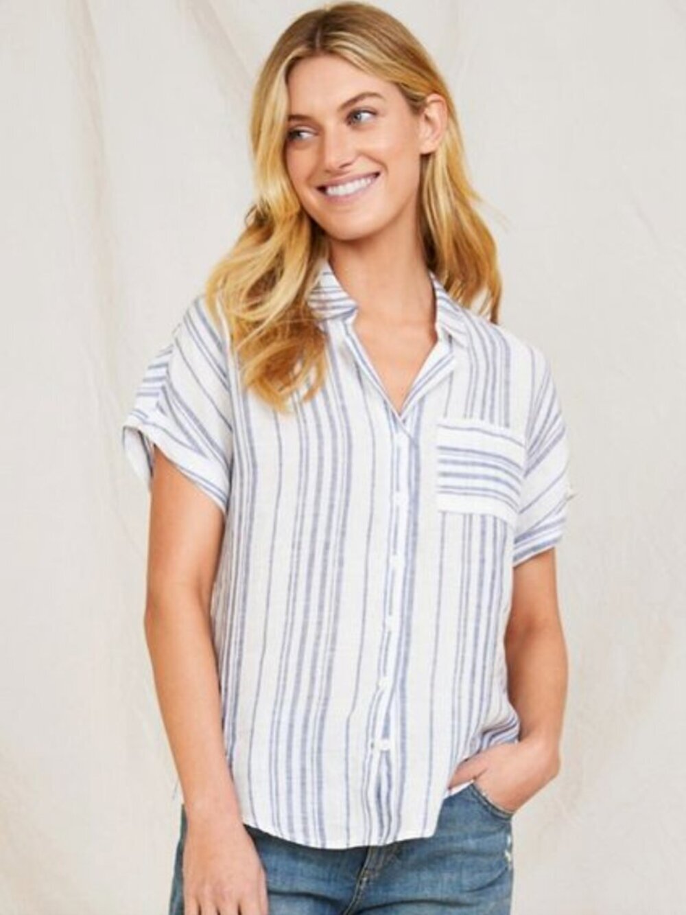 Garnet Hill Striped Short-Sleeve Linen Button-Front Shirt